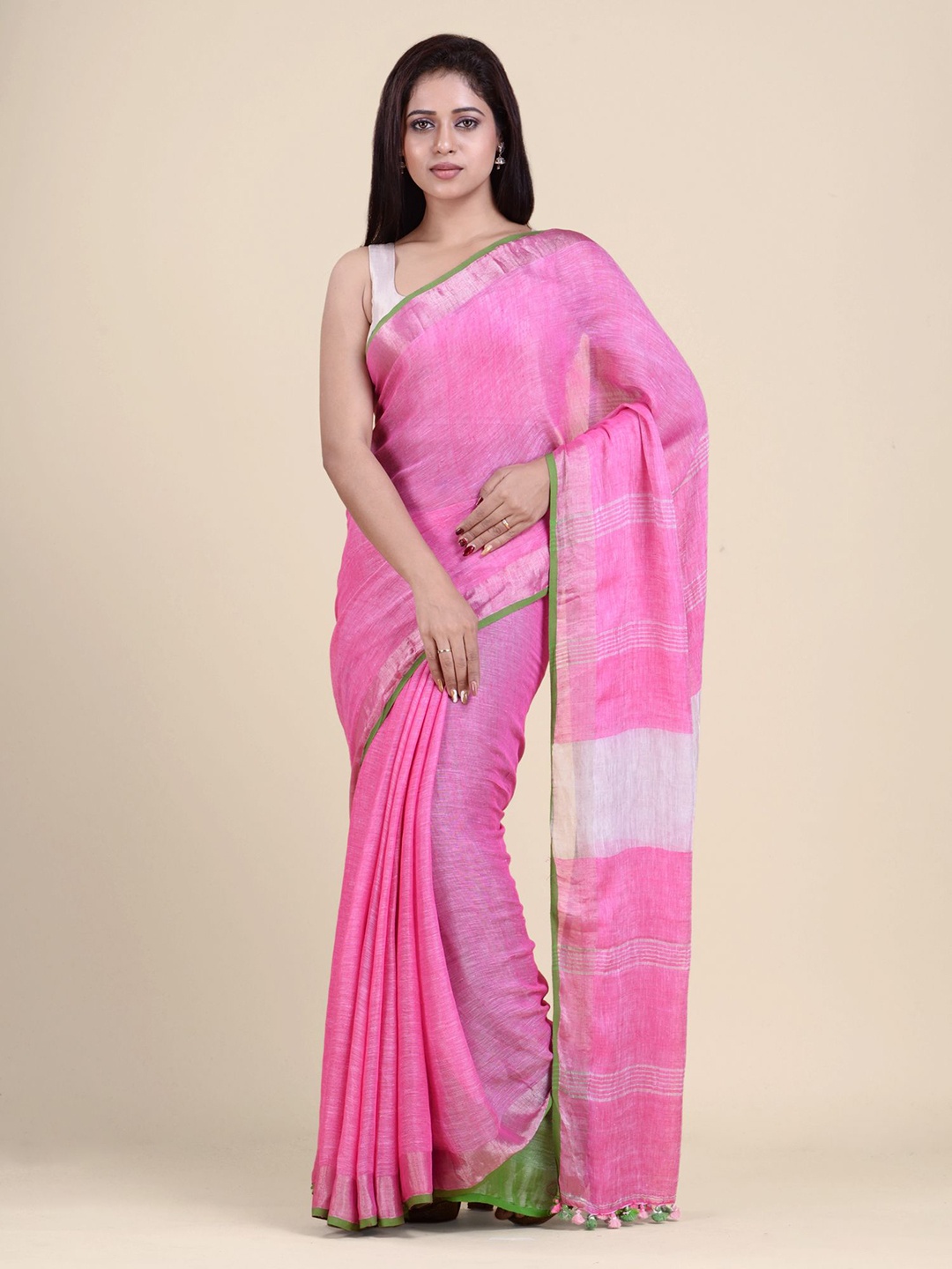 

Charukriti Pink & Green Pure Linen Saree
