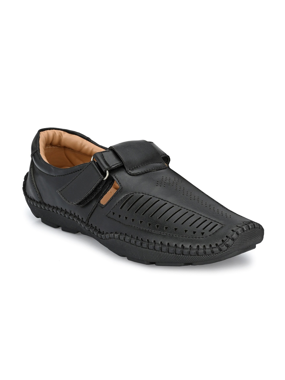 

SHENCES Men Black Textured Shoe-Style Sandals