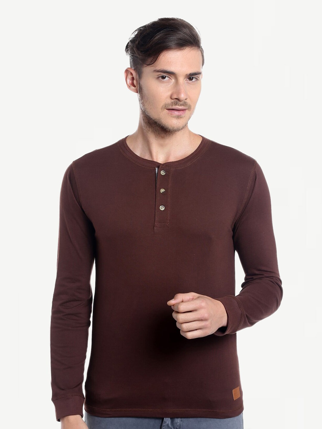 

Dream of Glory Inc Men Brown Henley Neck T-shirt