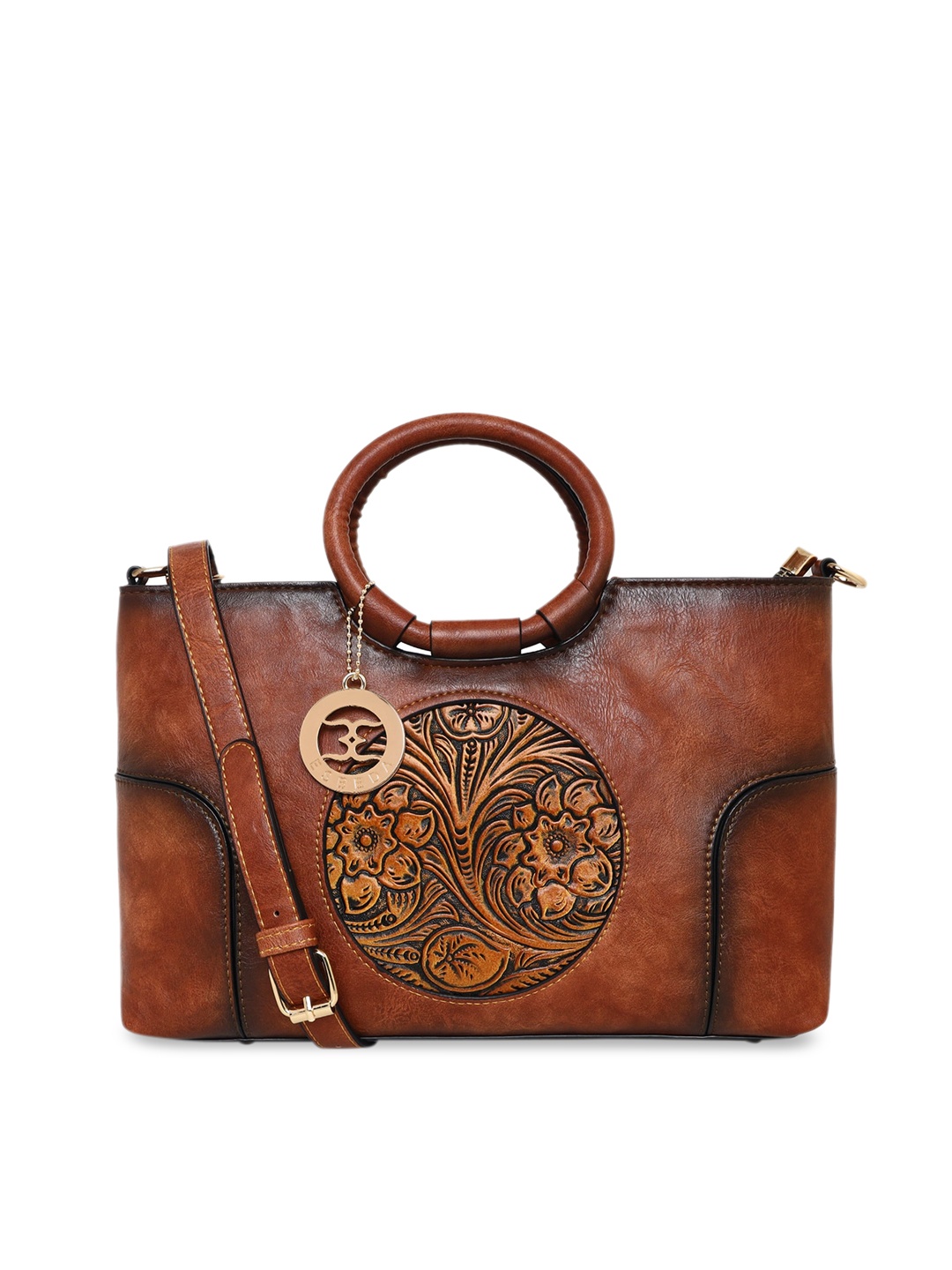 

ESBEDA Tan Floral Textured PU Structured Handheld Bag with Tasselled