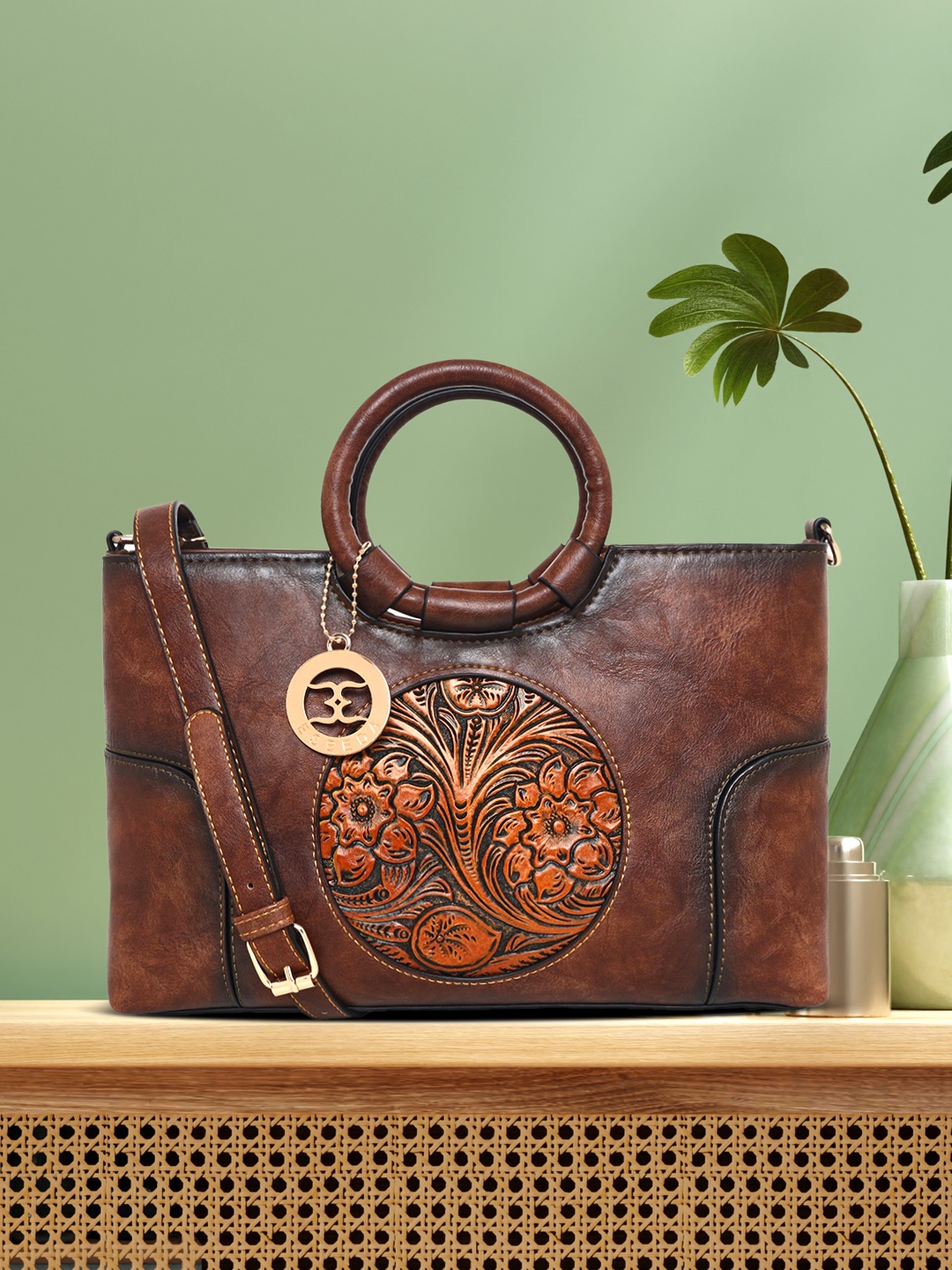 

ESBEDA Brown Ethnic Motifs PU Shopper Handheld Bag