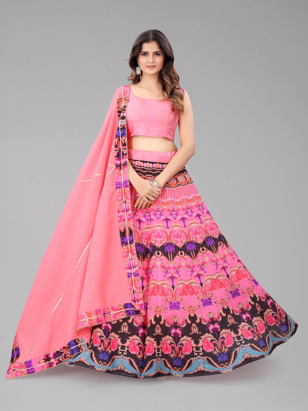 

SHOPGARB Pink & Purple Printed Semi-Stitched Lehenga & Unstitched Blouse With Dupatta