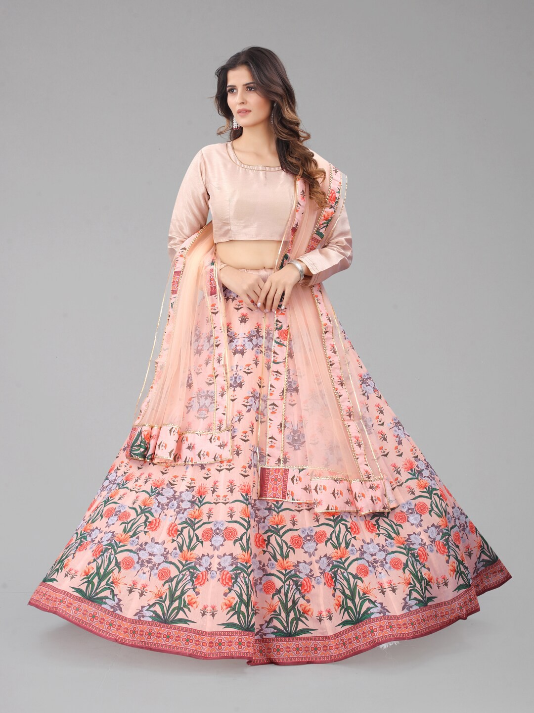 

SHOPGARB Rose Gold & Blue Printed Semi-Stitched Lehenga & Unstitched Blouse With Dupatta