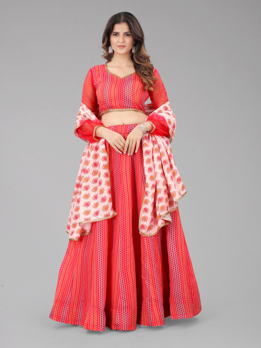 

SHOPGARB Women Red Printed Semi-Stitched Lehenga & Unstitched Blouse With Dupatta