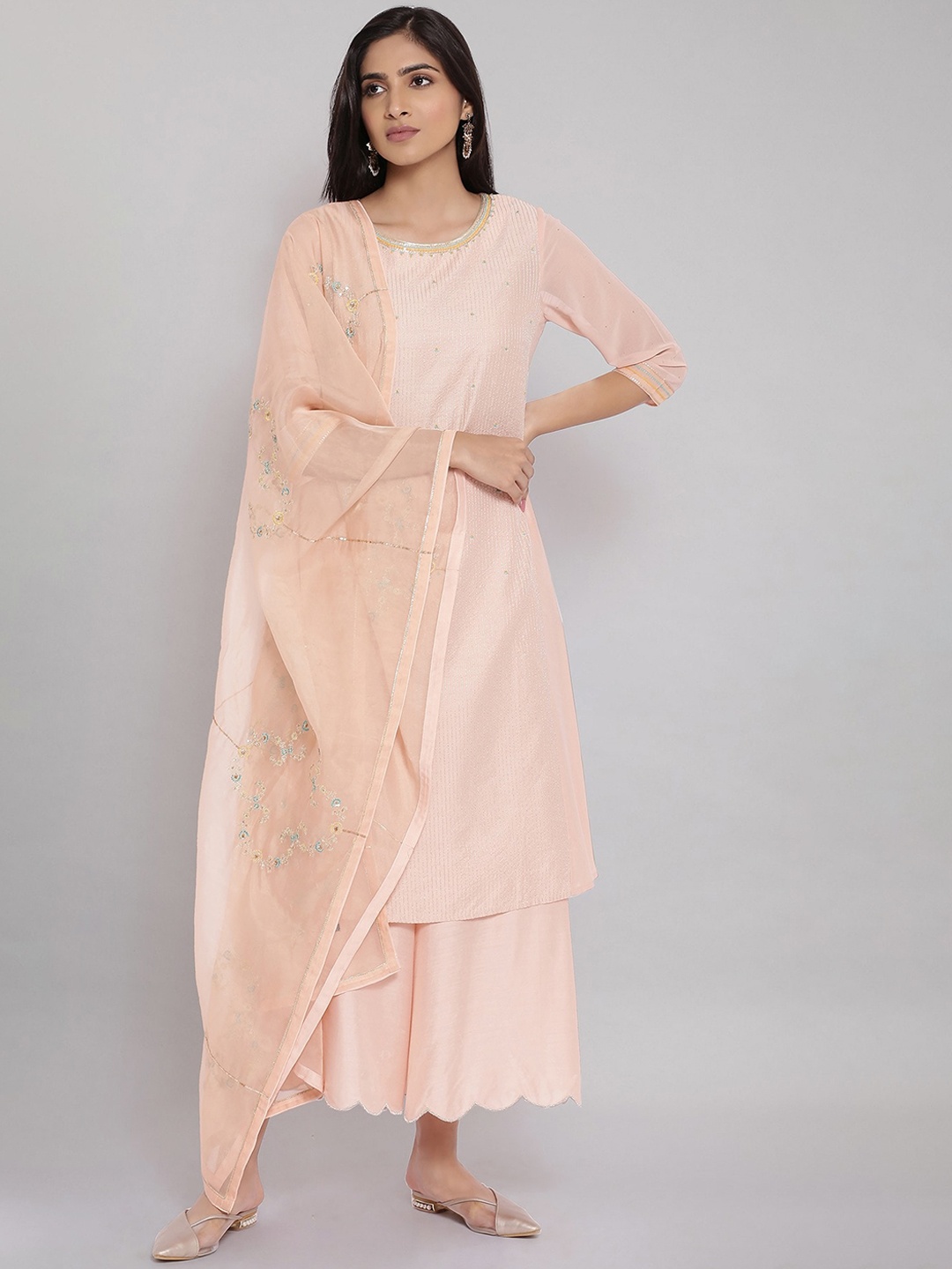 

WISHFUL Women Pink Embroidered Layered Sequinned Kurti with Palazzos & With Dupatta