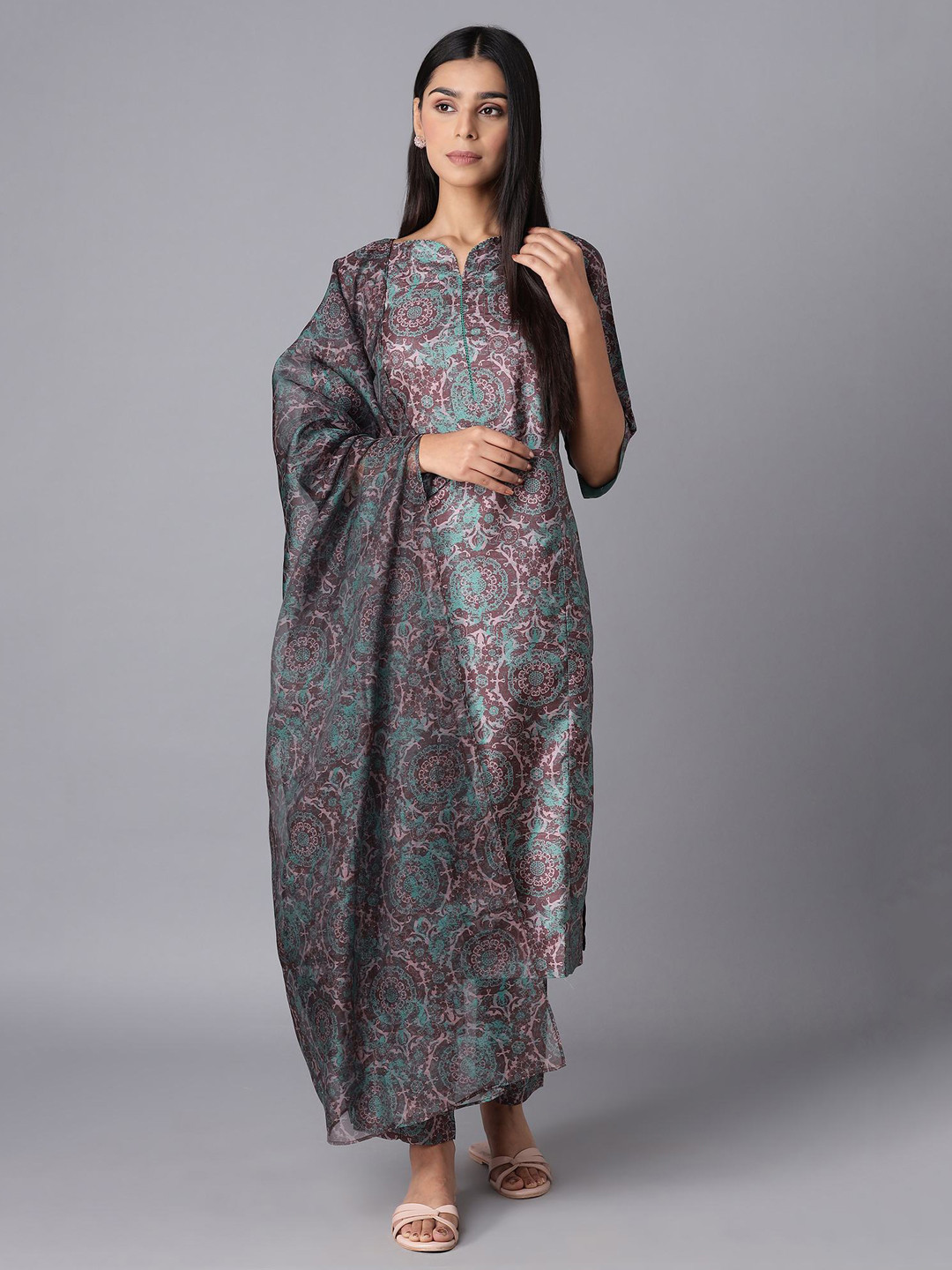 

WISHFUL Women Brown Floral Printed Kurta with Trousers & With Dupatta