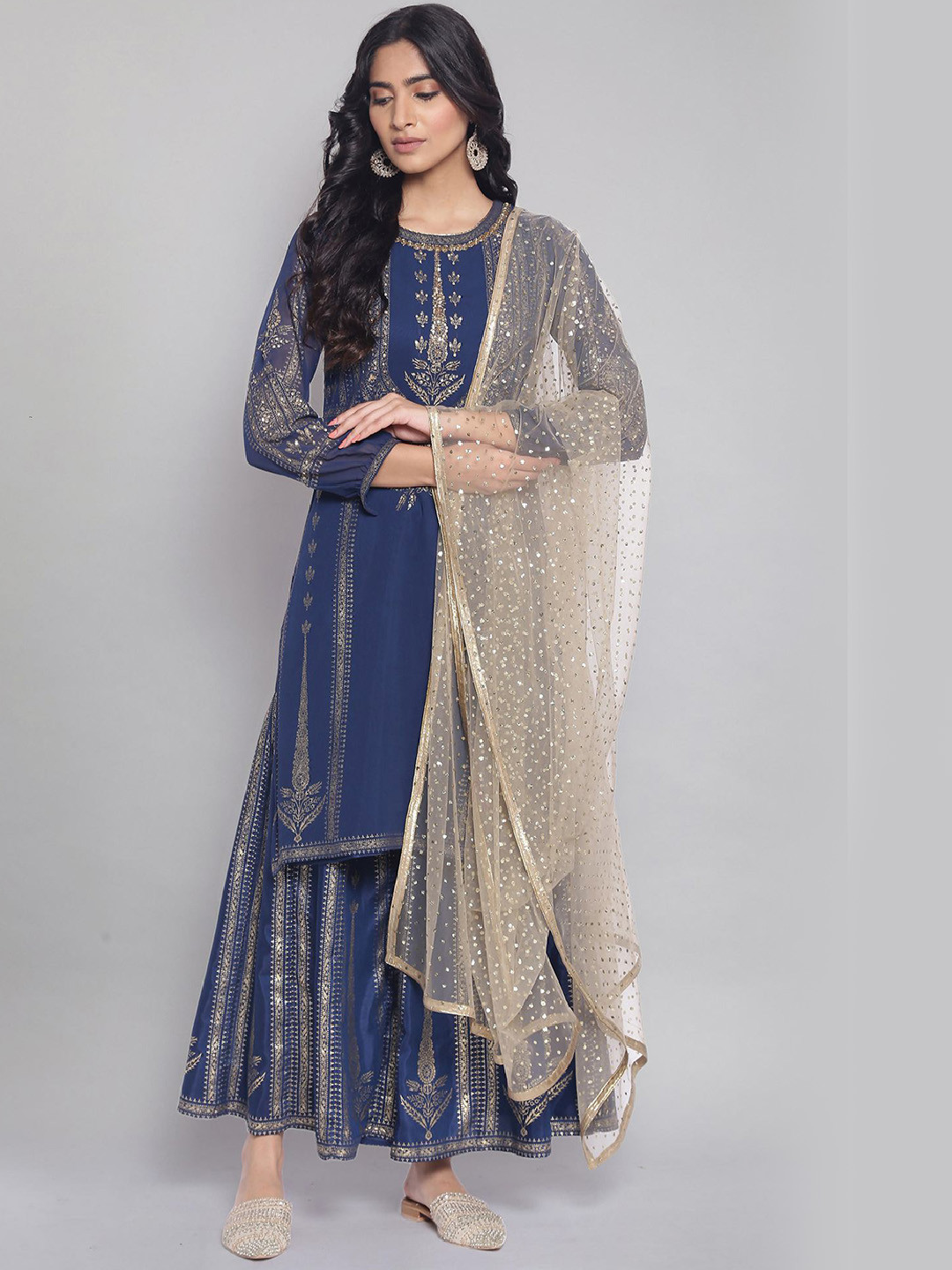 

WISHFUL Women Blue Ethnic Motifs Printed Sequinned Kurta & Sharara With Dupatta