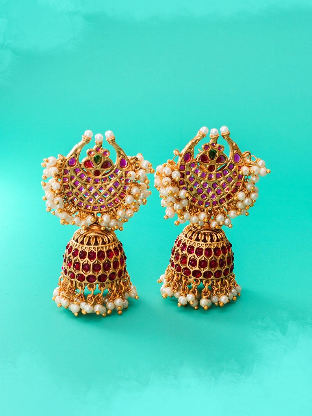 

aadita Gold-Plated & Pink Classic Jhumkas Earrings