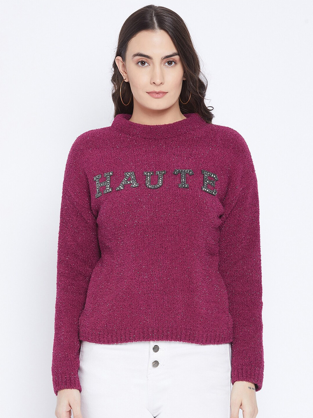 

Madame Women Maroon Embellished Pullover Sweater