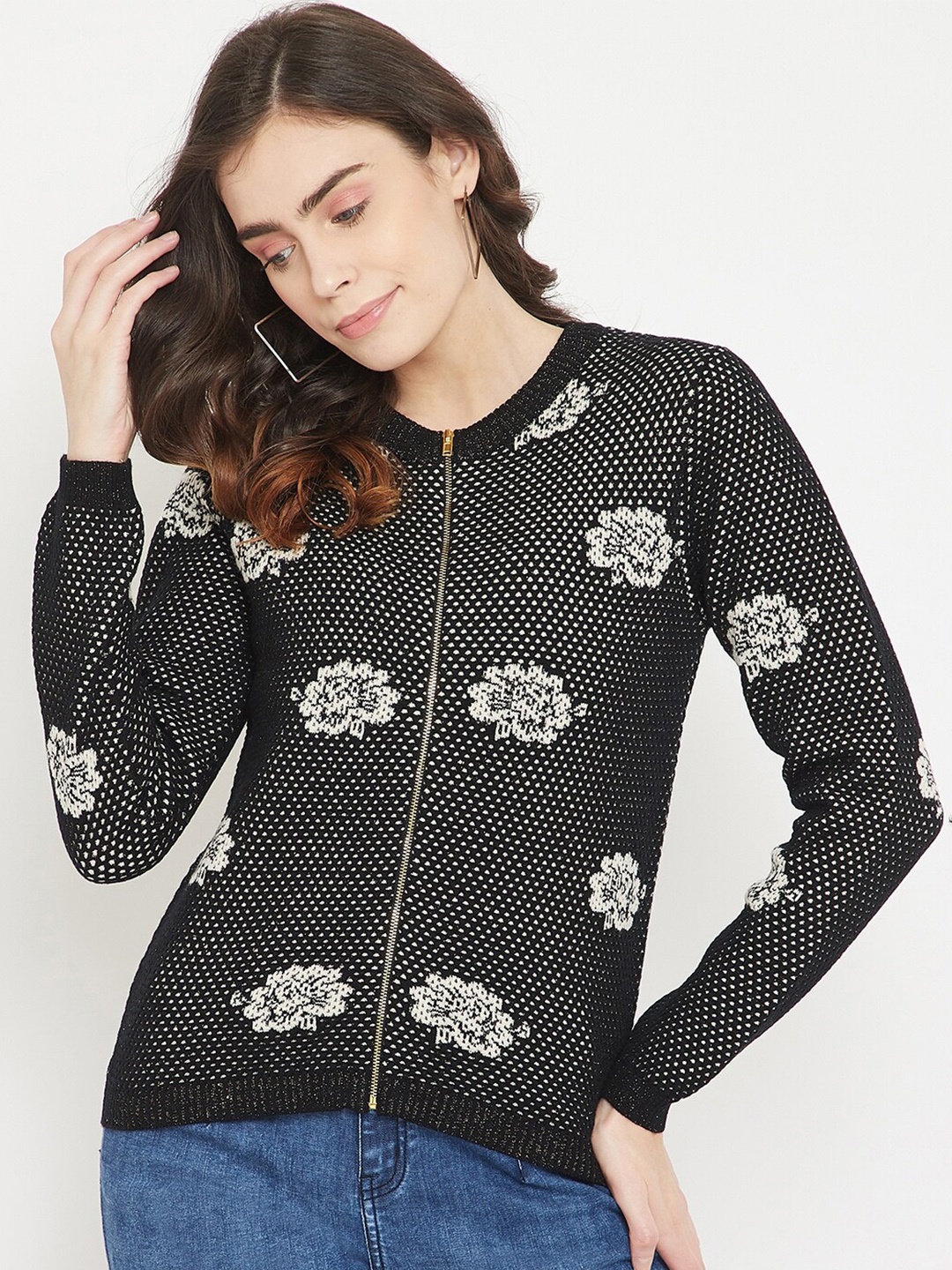 

Madame Women Black Floral Self-Design Cardigan