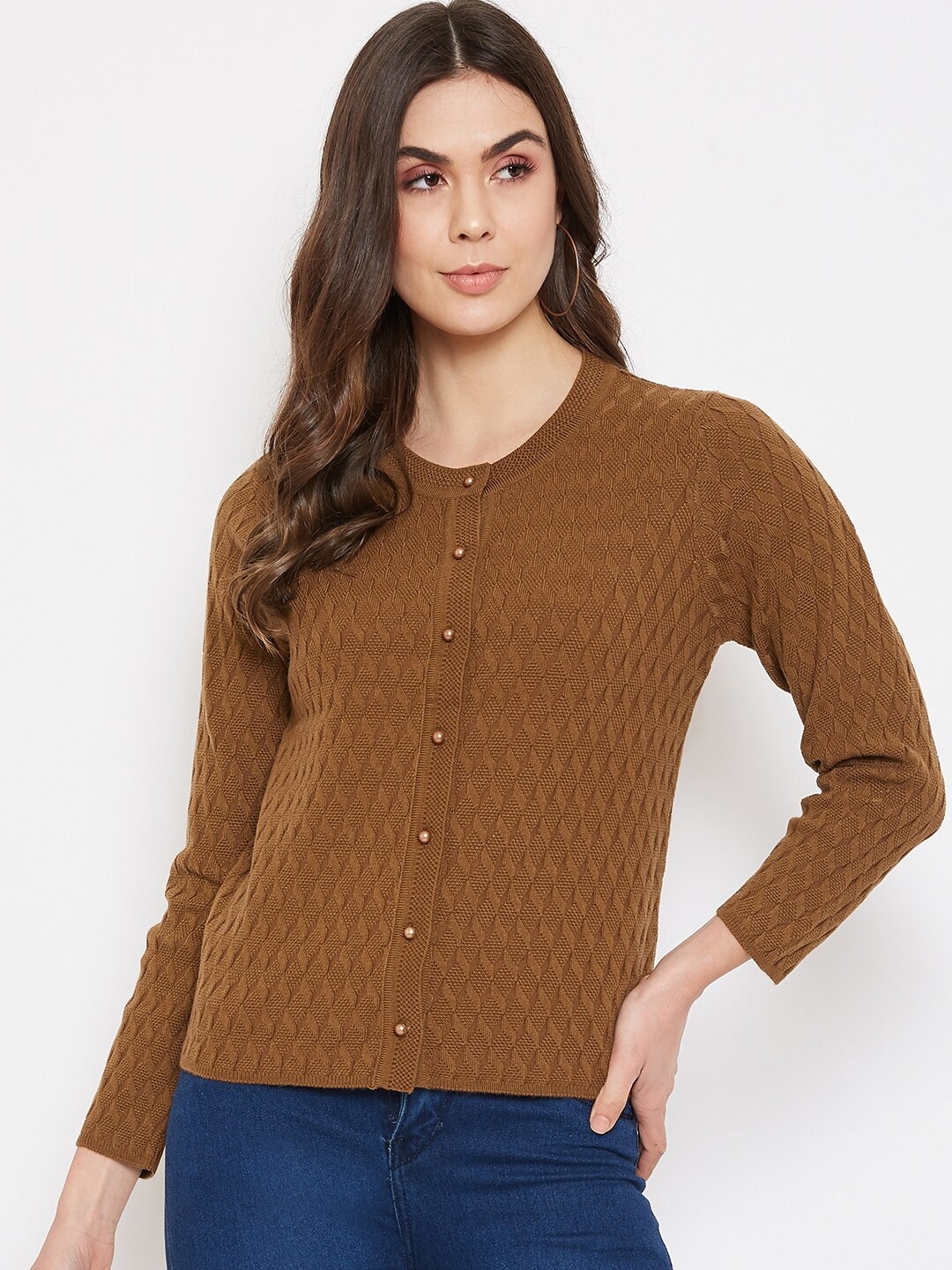 

Madame Women Khaki Self-Design Woollen Cardigan
