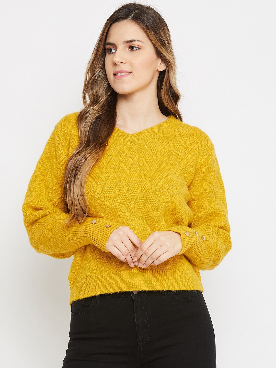 

Madame Women Mustard Self Design Pullover Sweater