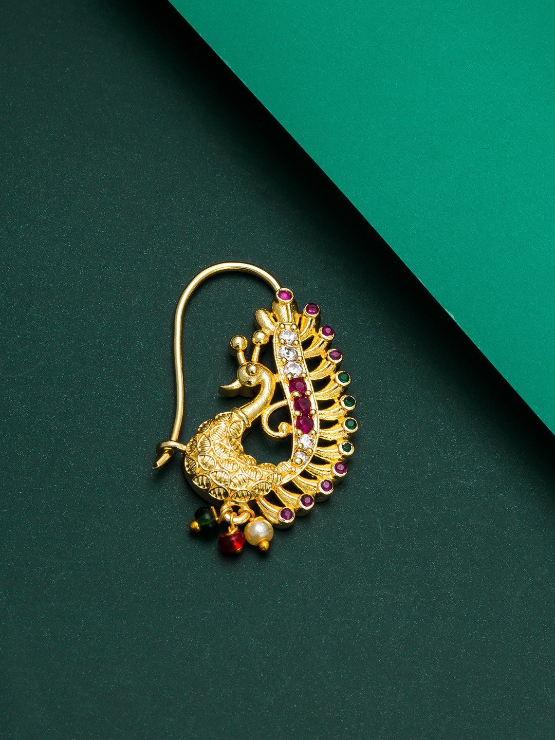 

aadita Gold Toned AD Ruby and Pearl Marathi Nosepin