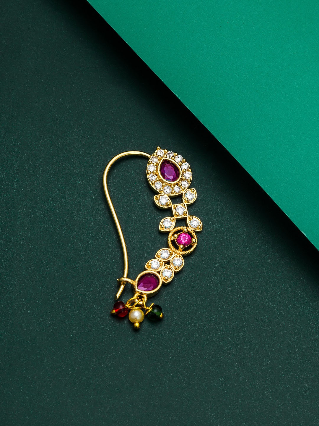 

aadita Gold-Plated Pink AD-Studded Marathi Nosepin