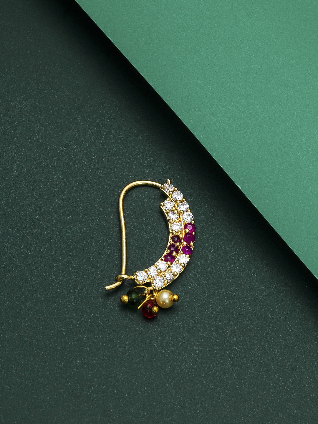 

aadita Gold-Toned & Plated Ruby & Pearl Meenakari Marathi Nosepin