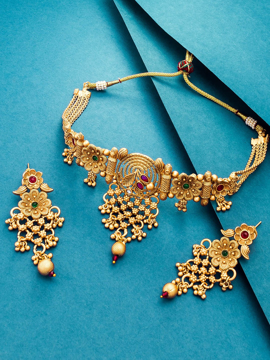 

aadita Gold-Plated Pink & Green Stone-Studded & Pearl Beaded Jewellery Set