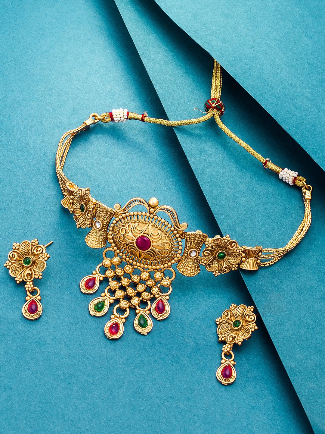 aadita Red & Green Gold-Plated Stone-Studded Temple Jewellery Set