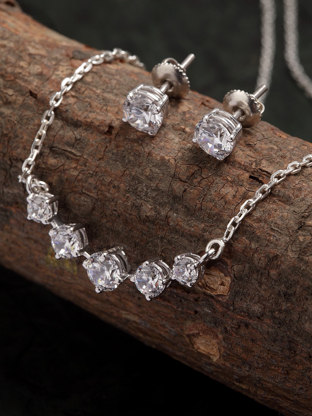 

CLARA Silver-Toned 925 Silver-Sterling CZ-Studded 5 Stone Jewellery Set