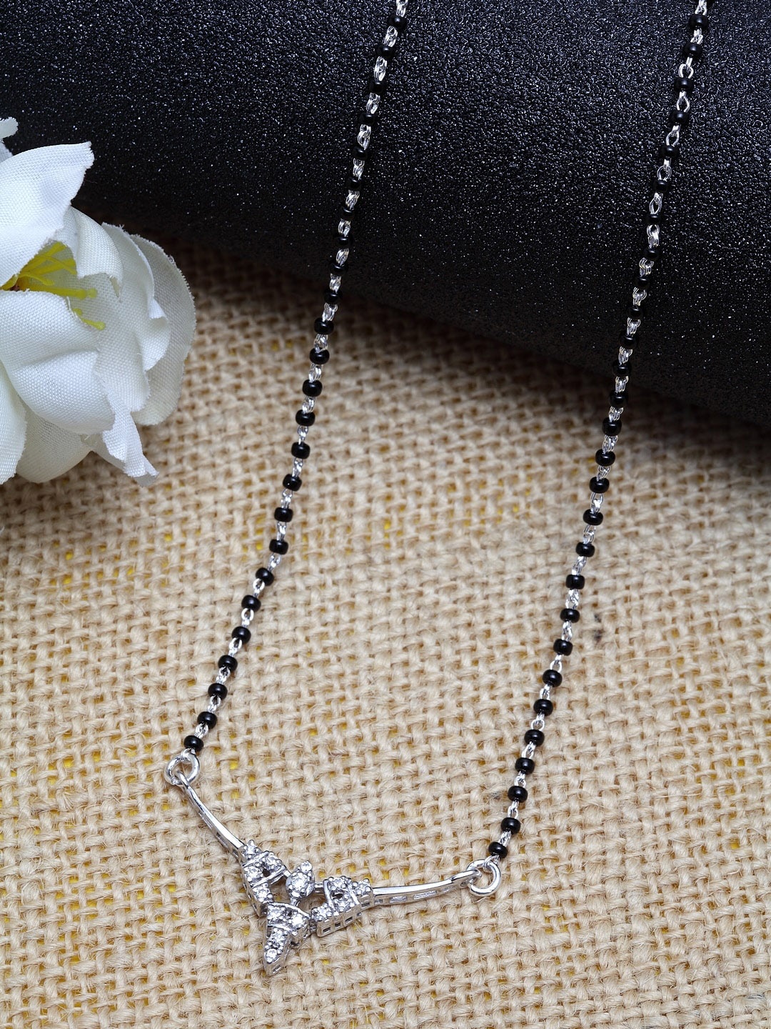 

Clara 925 Sterling Silver Rhodium-Plated Black & White Zirconia-Studded Beaded Mangalsutra