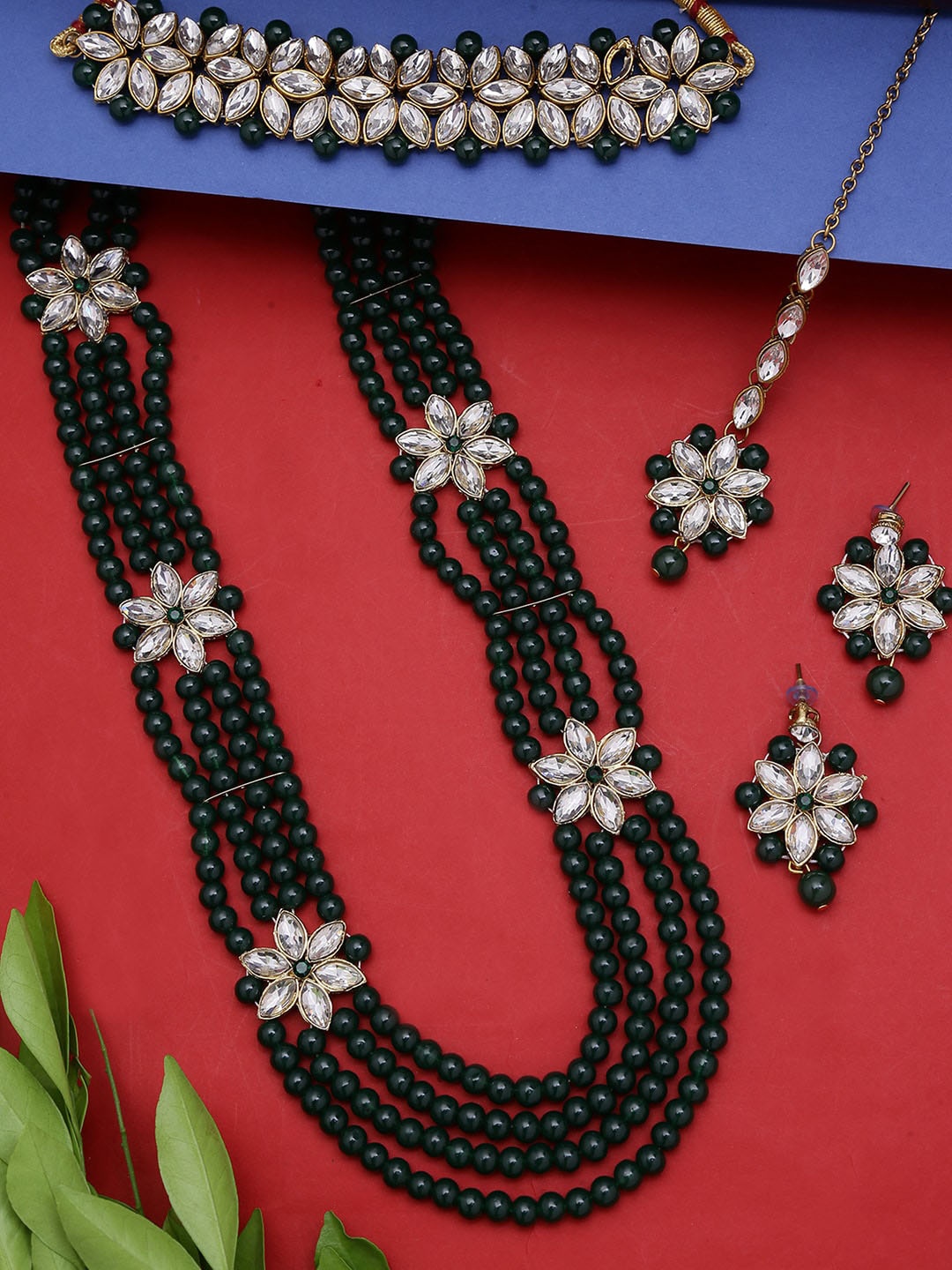 

LIVE EVIL Green Gold-Plated Pearl-Studded & Beaded Jewelry Set
