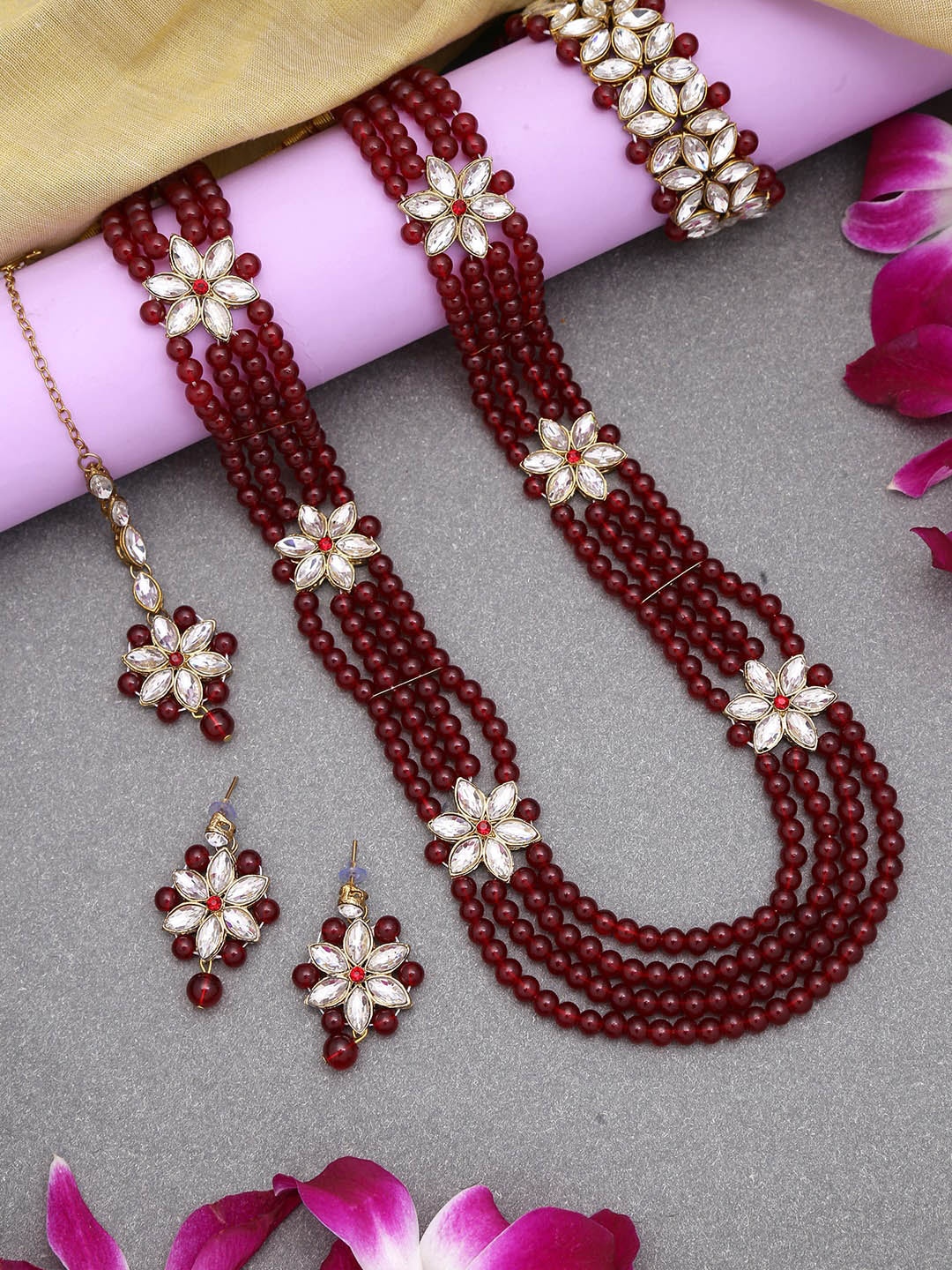 

LIVE EVIL Maroon Stone-Studded Pearl Beaded Jewelry Set, Gold