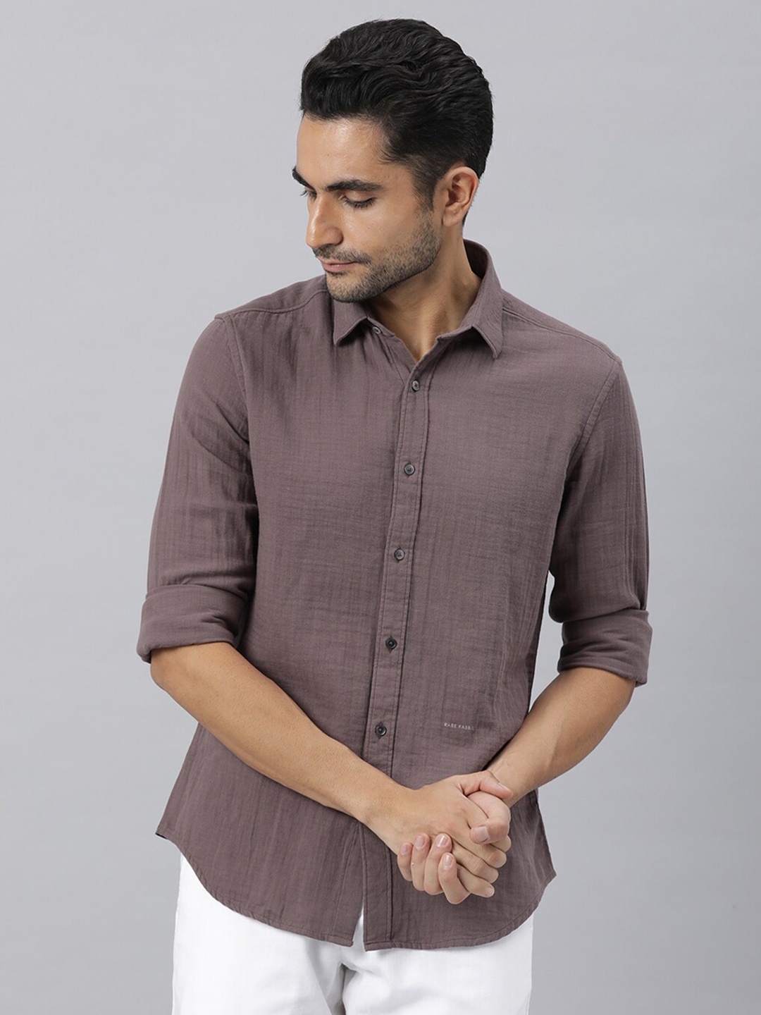 

RARE RABBIT Men Layerr Solid Slim Fit Cotton Shirt, Brown