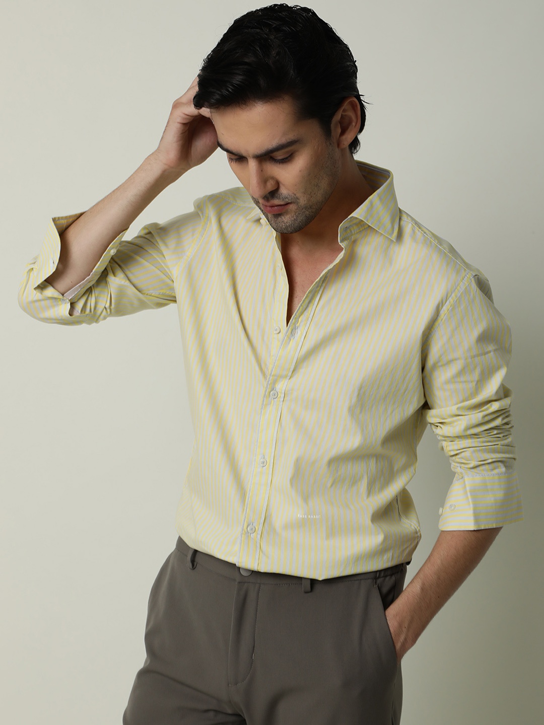 

RARE RABBIT Men Moye Slim Fit Micro Checked Pure Cotton Shirt, Yellow
