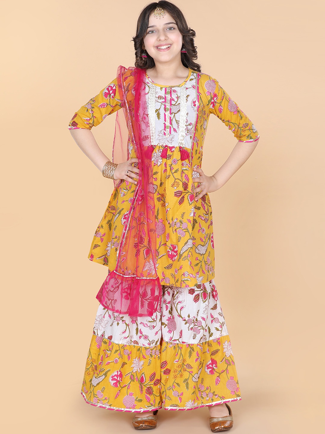 

ADIVA Girls Yellow & Pink Floral Printed Pure Cotton Kurti With Sharara & Net Dupatta