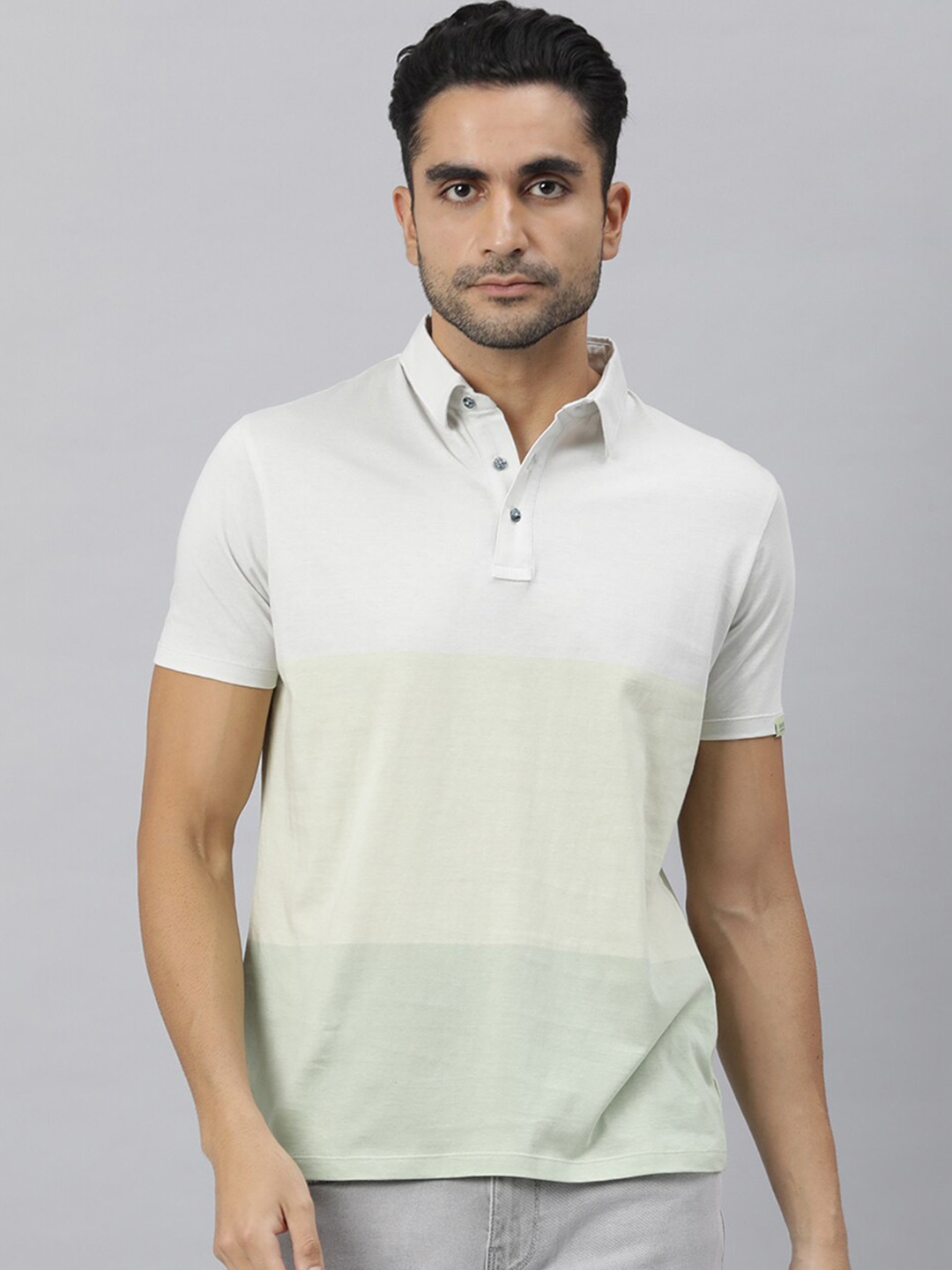 

RARE RABBIT Men Blocky Colourblocked Polo Collar Pure Cotton Slim Fit T-Shirt, Green