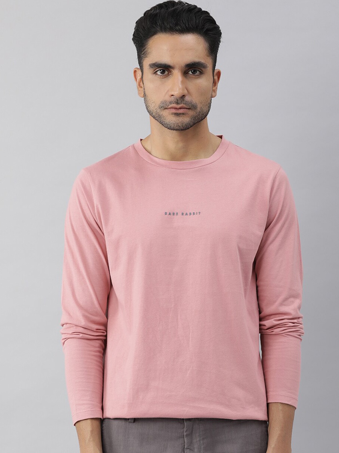 

RARE RABBIT Men Rabbit Ls Brand Logo Printed Pure Cotton Slim Fit T-Shirt, Pink