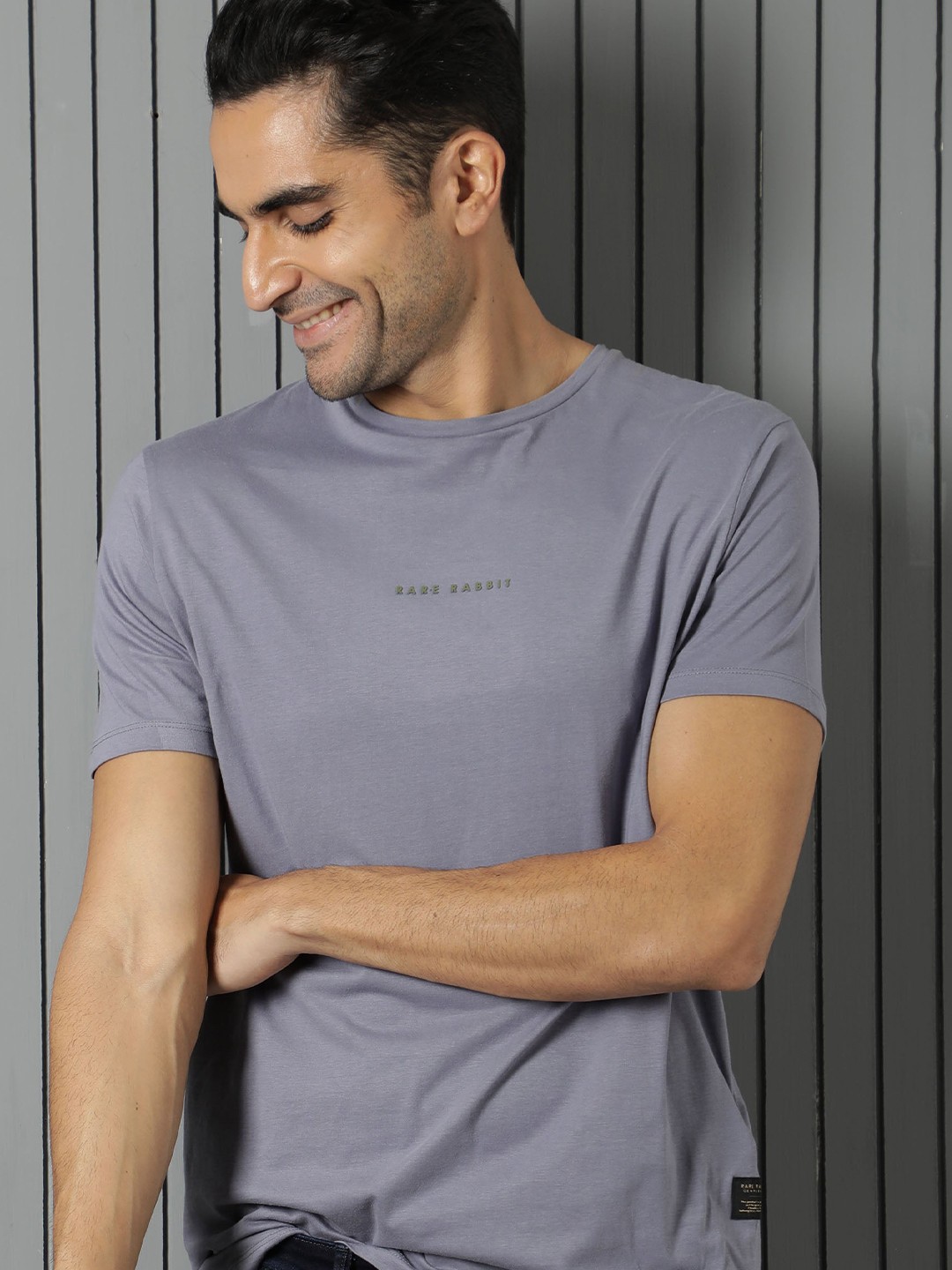 

RARE RABBIT Men Rabbit-4 Brand Logo Pure Cotton Slim Fit T-Shirt, Grey