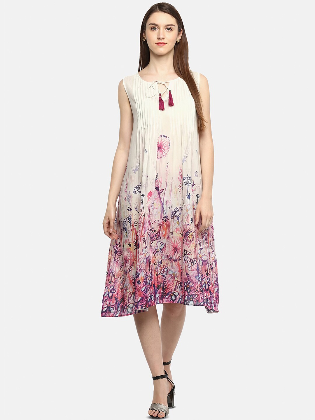 

Porsorte Women Off White & Pink Floral Cotton A-Line Midi Dress