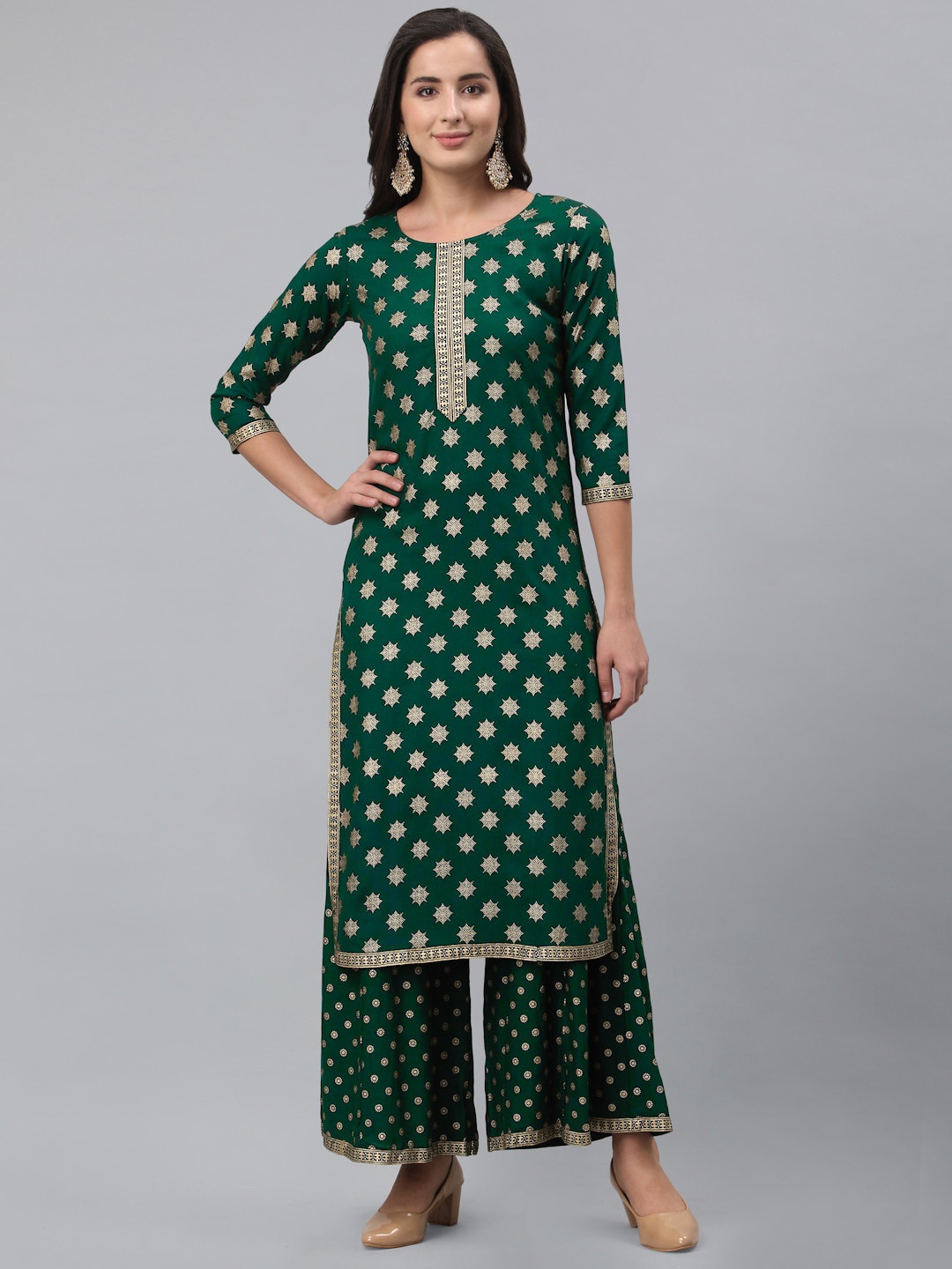 

KALINI Women Green Ethnic Motifs Printed Pleated Kurti with Palazzos