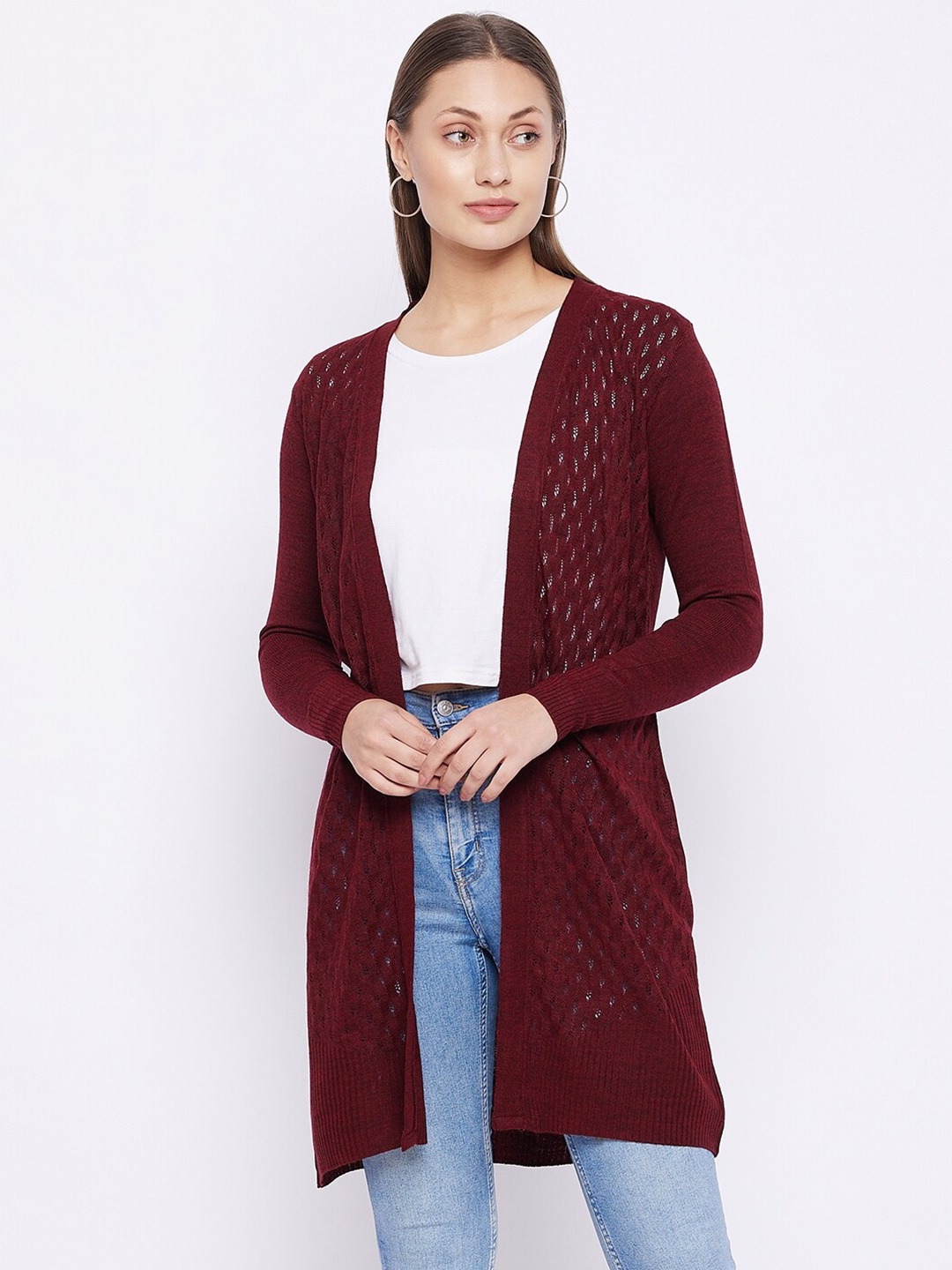 

JUMP USA Women Maroon Longline Pure Acrylic Cardigan