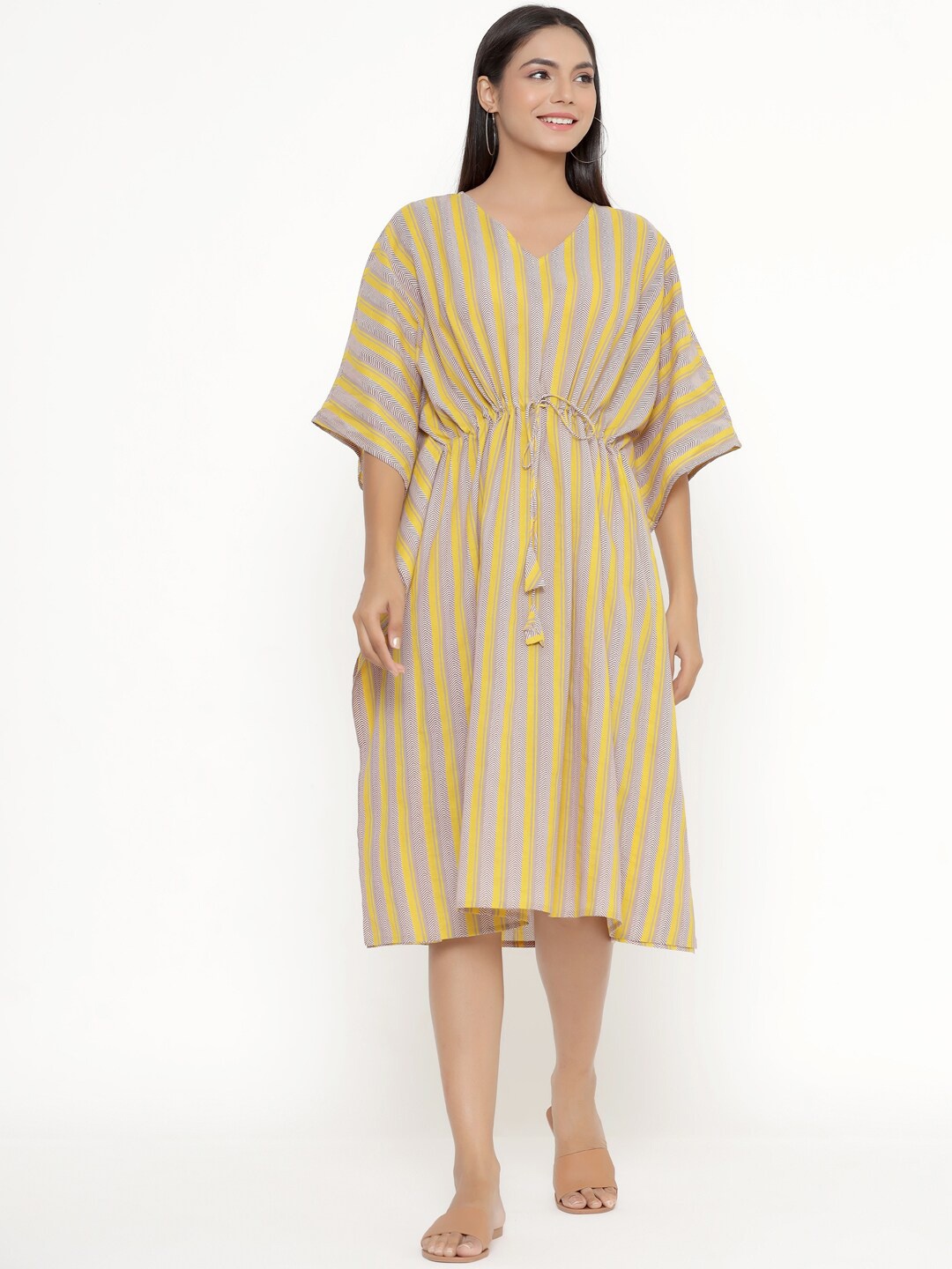 

JISORA Yellow & Off-White Printed Pure Cotton Kaftan Nightdress
