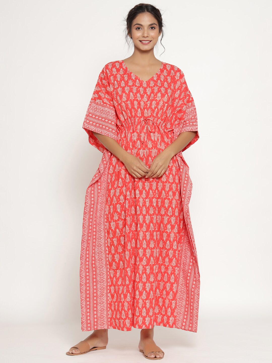 

JISORA Peach-Coloured Printed Pure Cotton Kaftan Maxi Nightdress