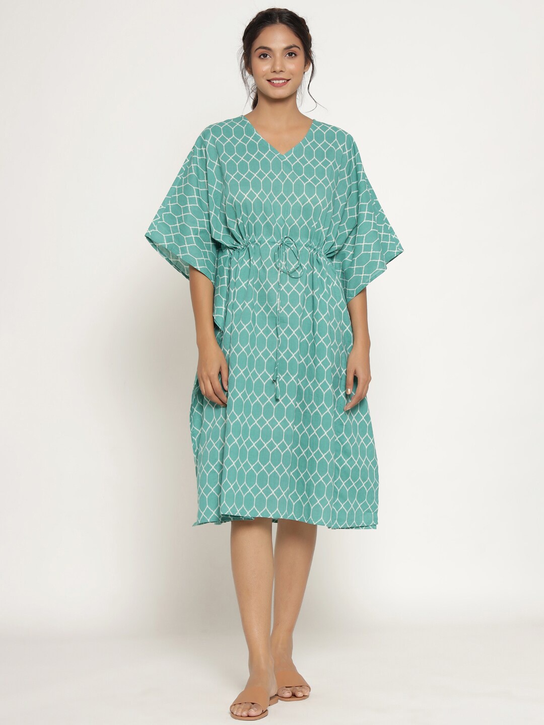 

JISORA Blue Printed Kaftan Pure Cotton Nightdress