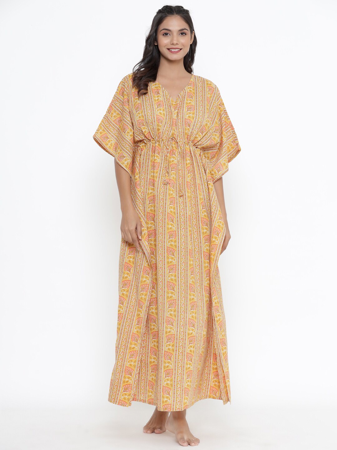 

JISORA Yellow Printed Pure Cotton Kaftan Maxi Nightdress