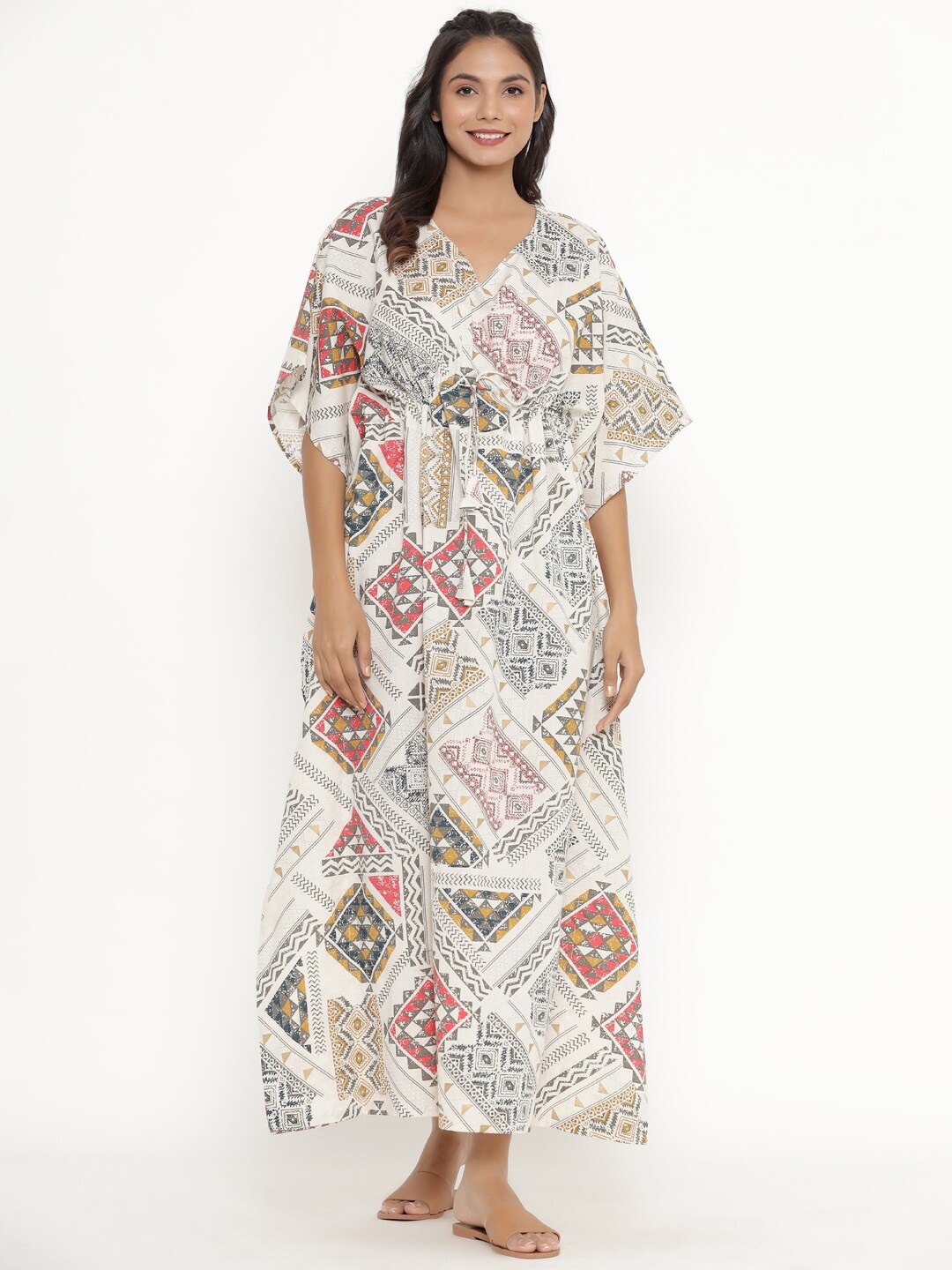 

JISORA White Printed Maxi Kaftan Nightdress