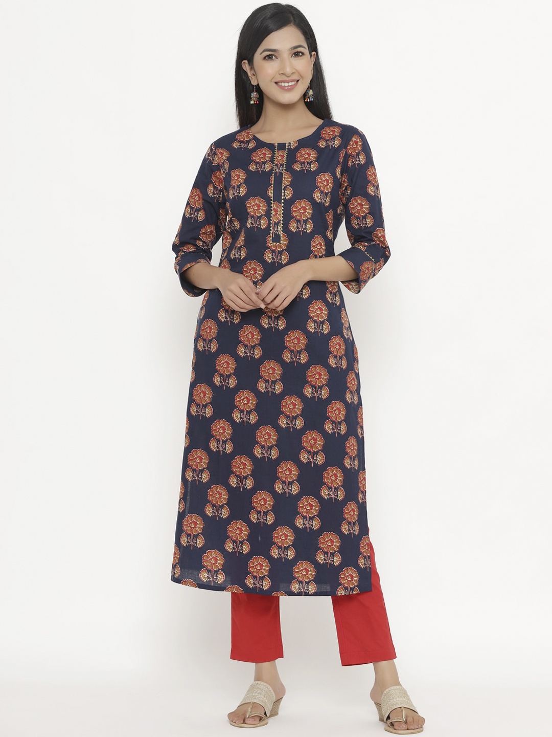 

Sangria Women Blue & Rust Ethnic Motifs Printed Pure Cotton Kurta with Trousers