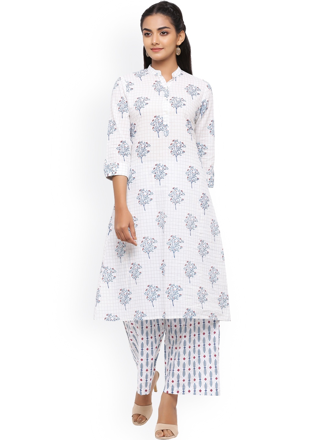 

Sangria Women White Ethnic Motifs Printed Pure Cotton Kurta with Trousers