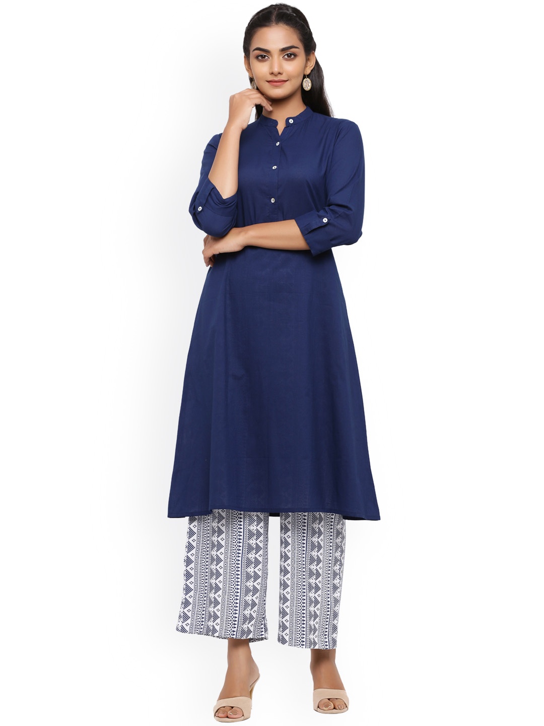 

Sangria Women Blue Pleated Pure Cotton Kurta with Palazzos