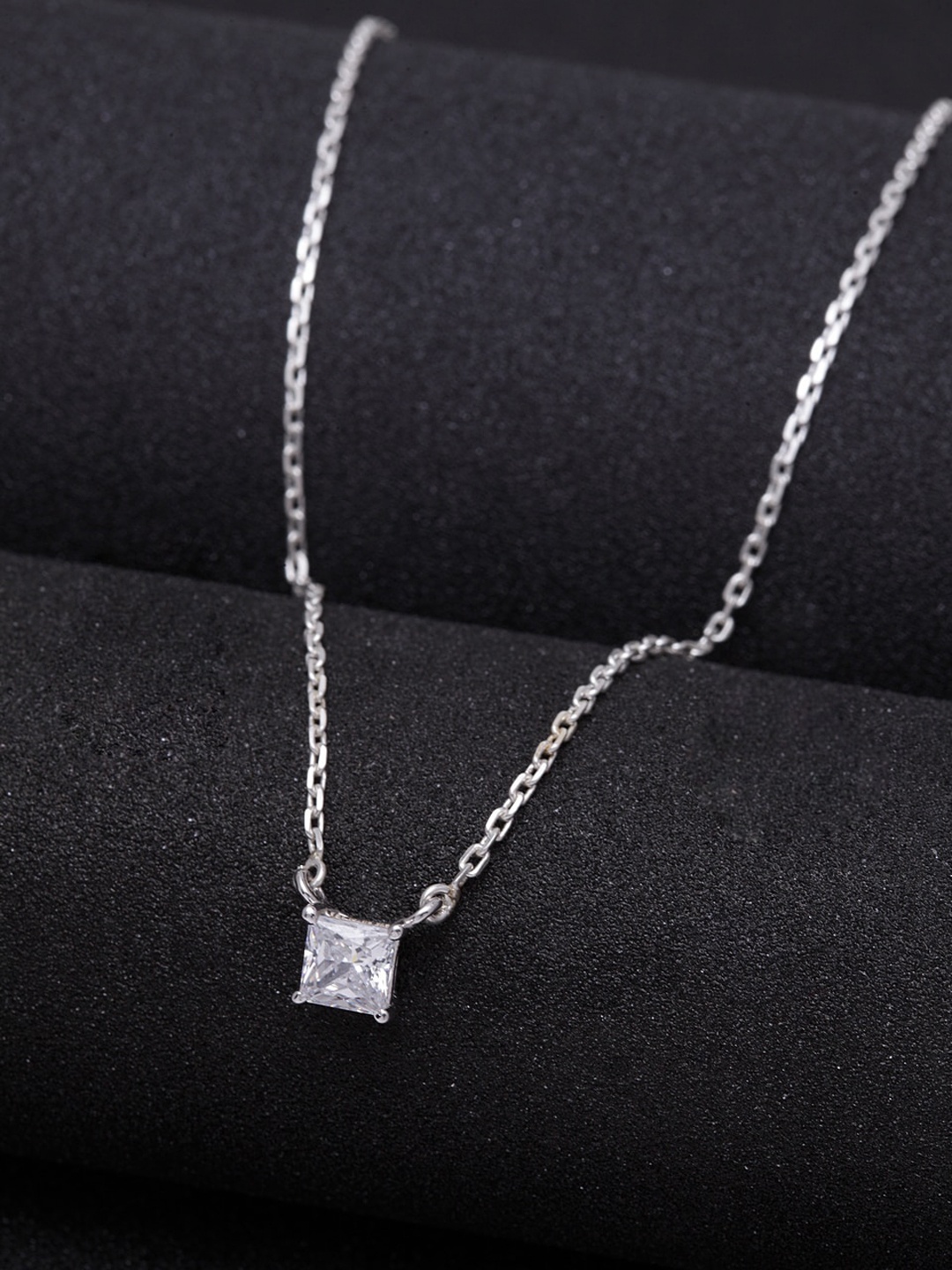 

Clara Rhodium Plated CZ Stone Studded Square Chain Pendant, Silver