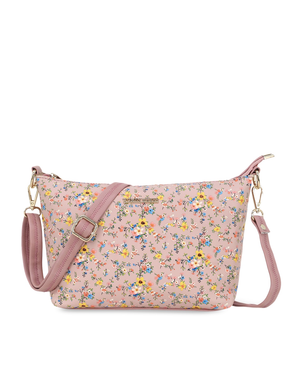 

WOMEN MARKS Pink & Yellow Floral Printed PU Structured Sling Bag