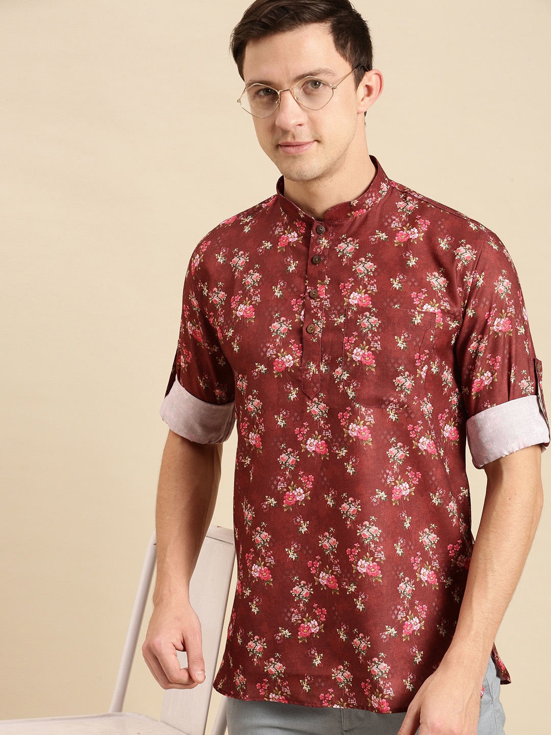 

Sanwara Men Red Floral Printed Floral Kurta