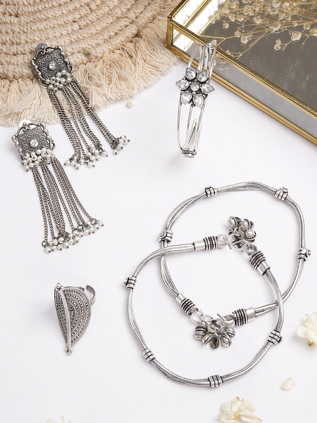 

TEEJH Oxidised Silver-Toned White Stone-Studded Jewellery Gift Set