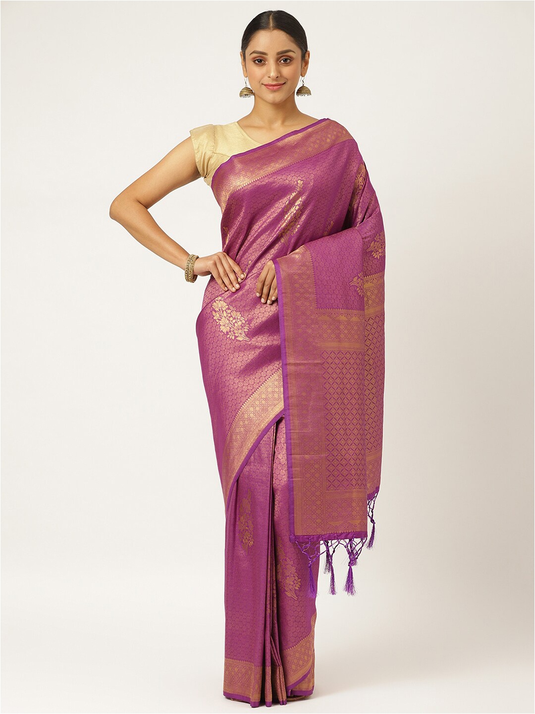 

KARAGIRI Purple & Gold-Toned Ethnic Motifs Zari Silk Blend Kanjeevaram Saree