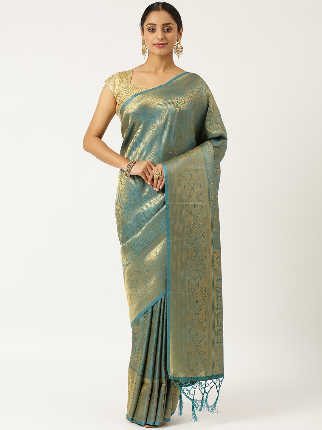 

KARAGIRI Blue & Gold-Coloured Ethnic Motifs Zari Silk Blend Kanjeevaram Saree