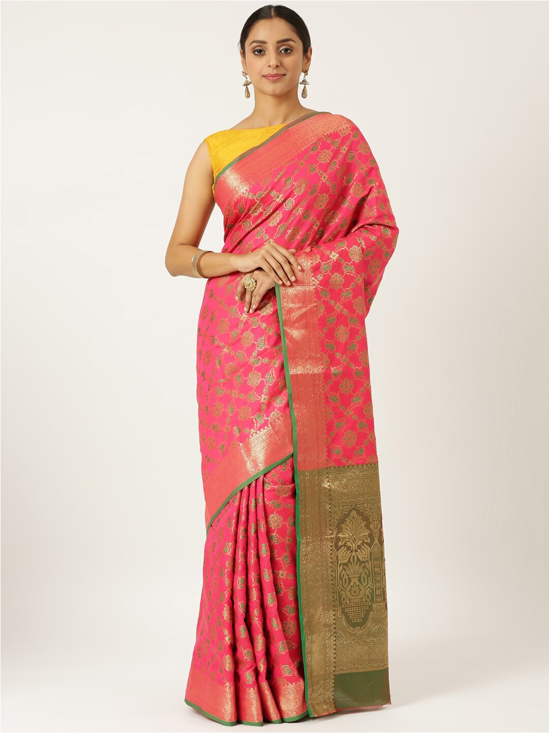 

KARAGIRI Pink & Green Ethnic Motifs Zari Silk Blend Banarasi Saree