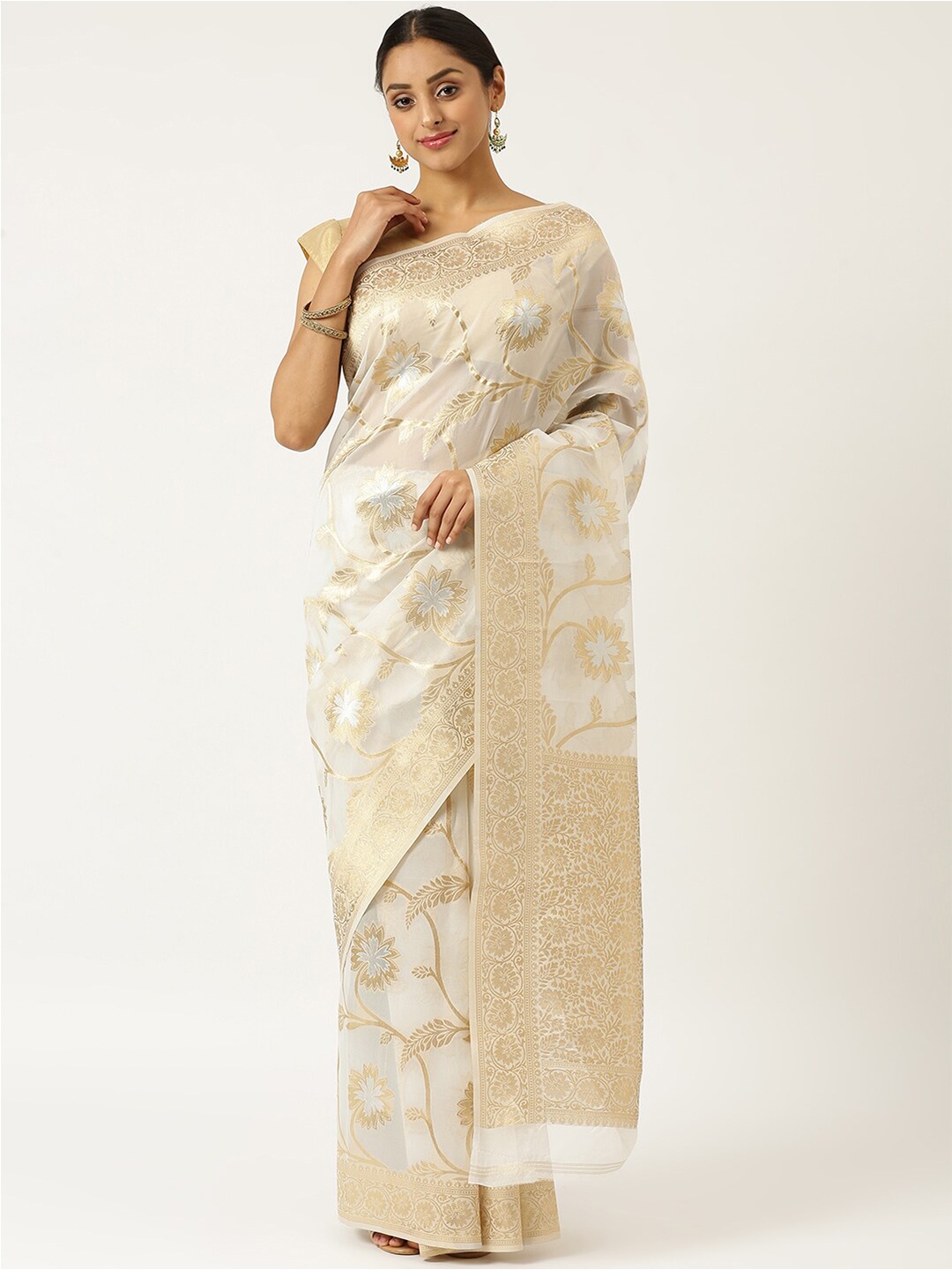 

KARAGIRI White & Gold-Toned Woven Design Zari Organza Saree